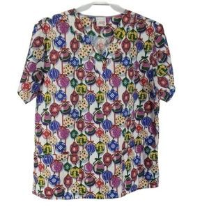 Jasco Allheart Christmas Ornament Scrub Top Large V-Neck Holiday Medical T12PR